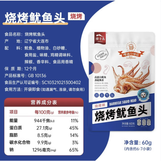 Zhangzidao Grilled Squid Heads 60g/pack
